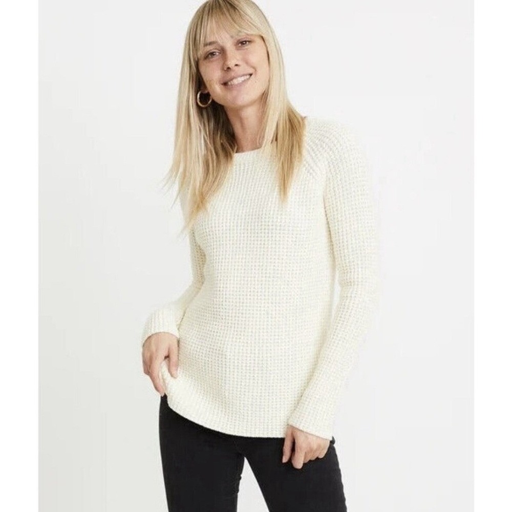 MARINE LAYER Women's Waffle Knit Delaney Pullover Sweater in Ivory Size XS